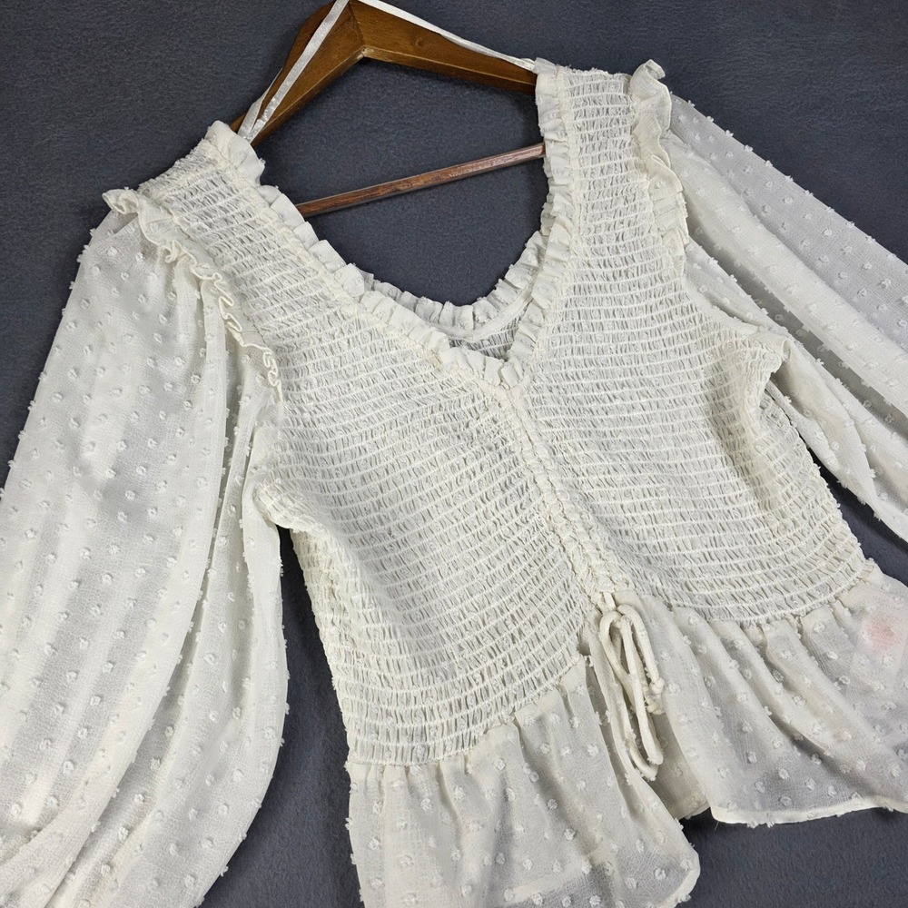 Topshop Blouse Women 10 Ivory Off Shoulder Smocked Swiss Dot Peplum Fairy Boho